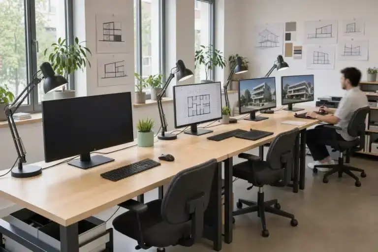 Architecture studio with a clear desk and switched-off monitor beside colleagues at their workstations
