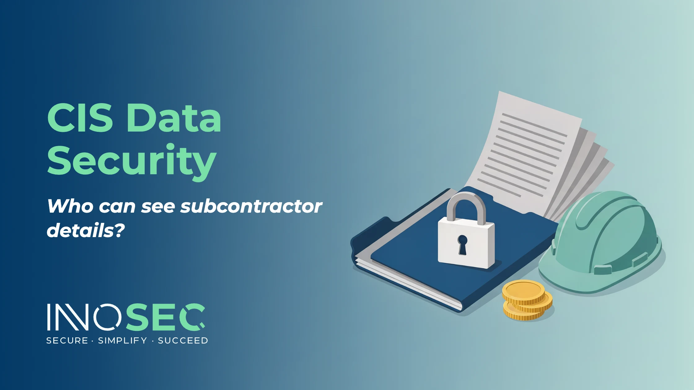 Illustration of a locked folder of documents beside coins and a hard hat