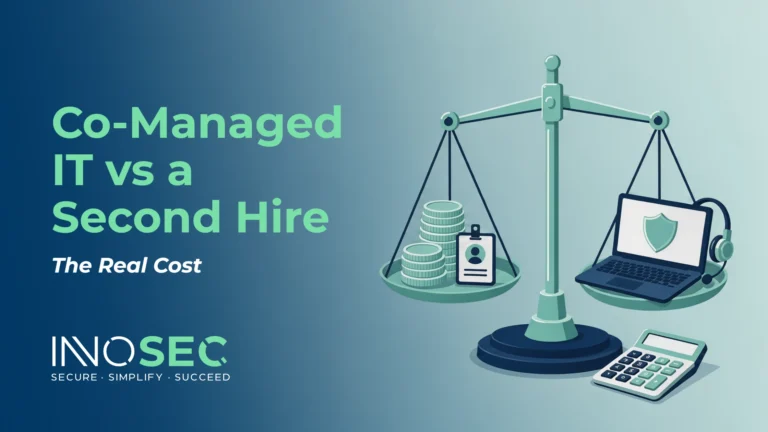 Co-managed IT services versus a second hire, shown as a balance scale