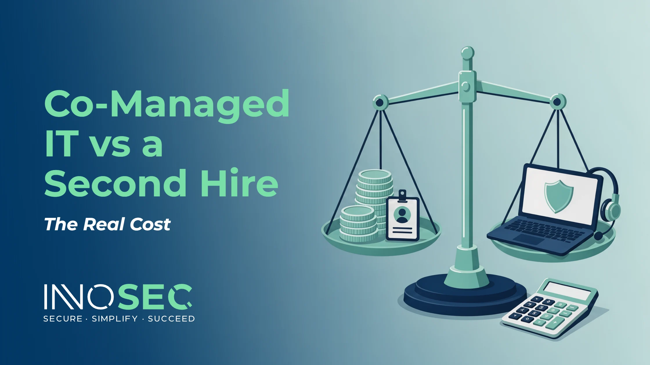 Co-managed IT services versus a second hire, shown as a balance scale