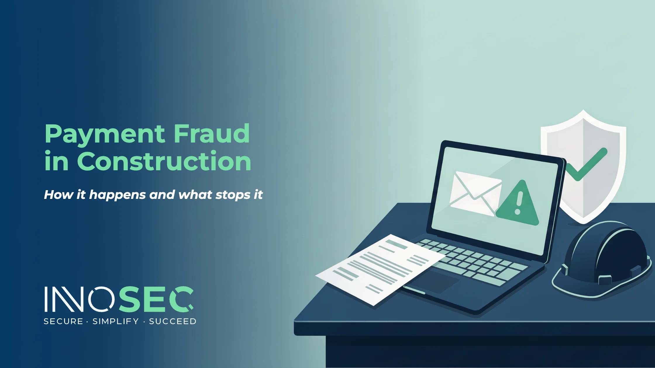 Illustration of a laptop showing an email warning beside an invoice and a hard hat