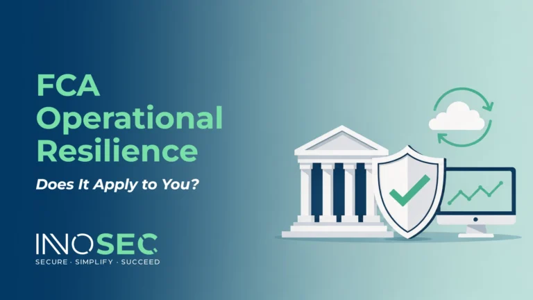 INNOSEC FCA operational resilience: a financial office building with a security shield