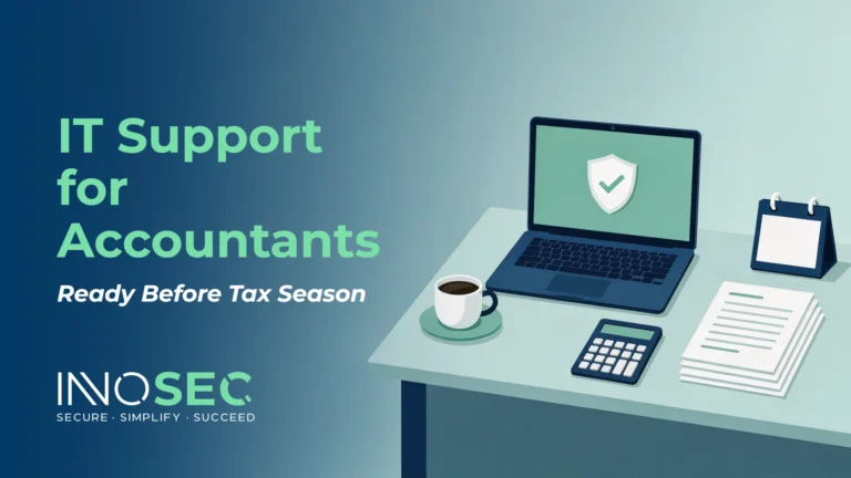 IT support for accountants: a desk with a calculator, documents and a secured laptop