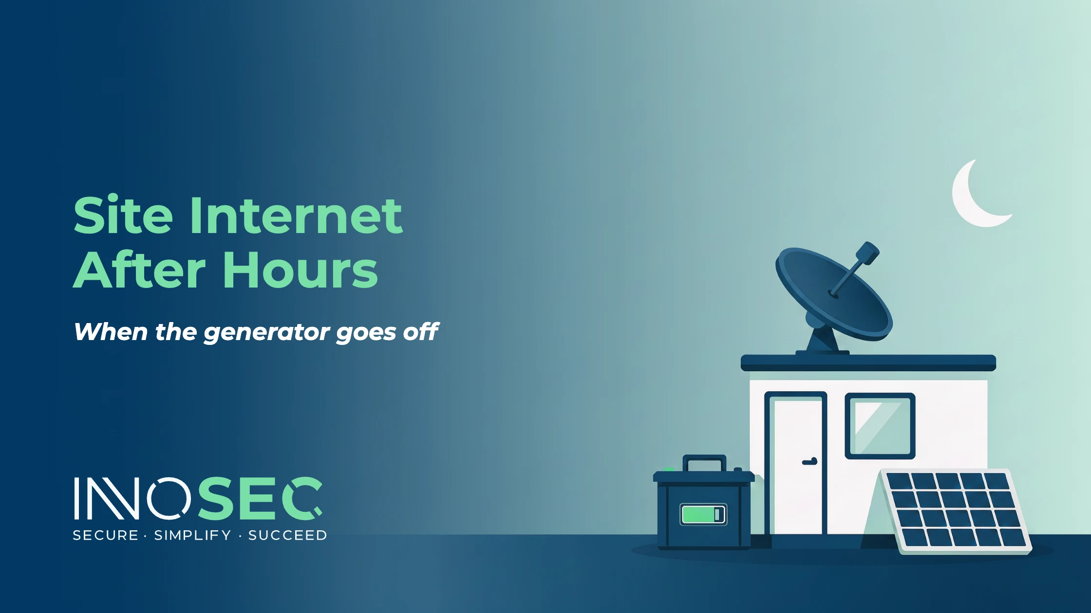Illustration of a site cabin at night with a battery unit and solar panel