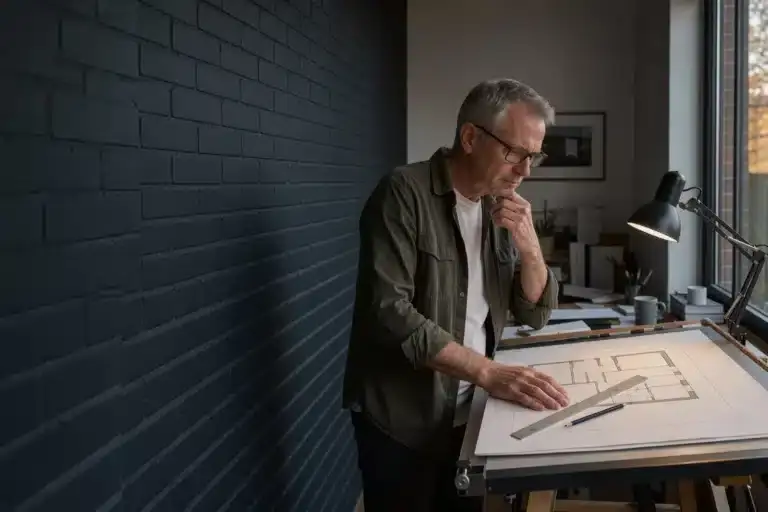 An architecture practice principal weighs up the year ahead over a floor plan at his drafting table