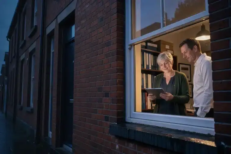 Two people reading a tablet in the lit window of a terraced office at dusk