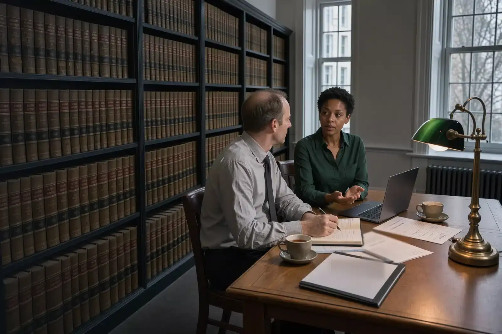 IT engineer explaining security controls to a practice manager at a reading table in a law library