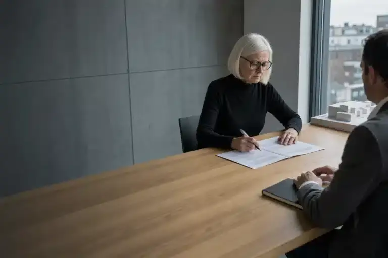 Managing director reading a short printed summary with a pen, an adviser seated across the table