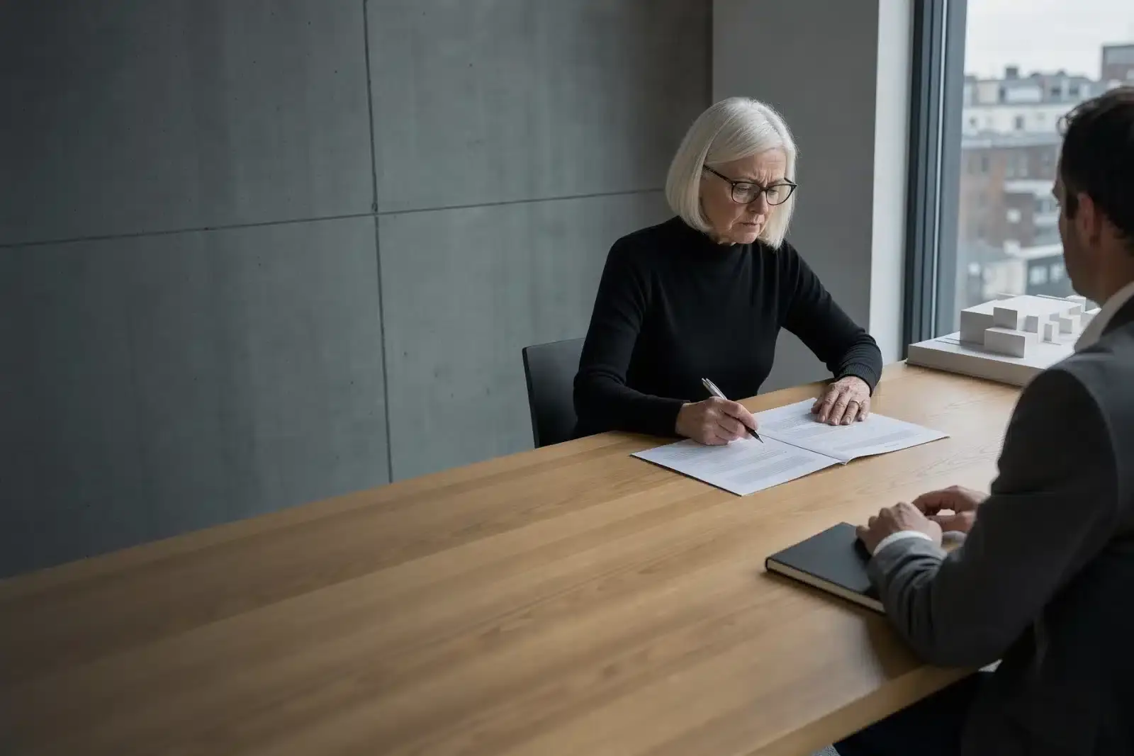 Managing director reading a short printed summary with a pen, an adviser seated across the table