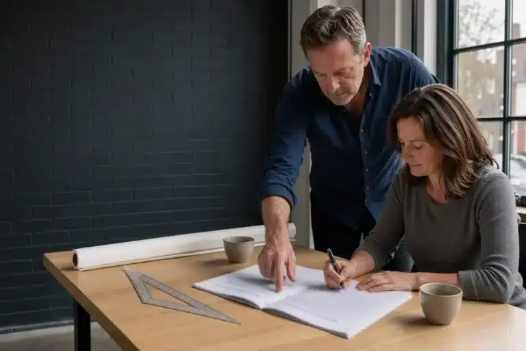 Two architecture practice partners comparing two IT support proposals at a meeting table