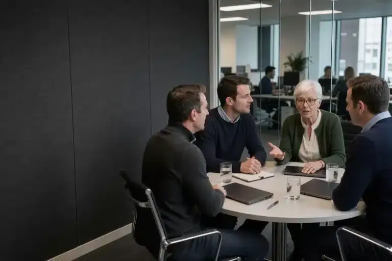 Accountancy partners reaching a decision at a round table in a glass-walled meeting room