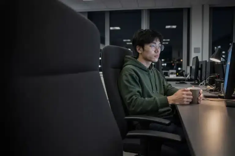 IT engineer watching overnight updates roll out in an empty office