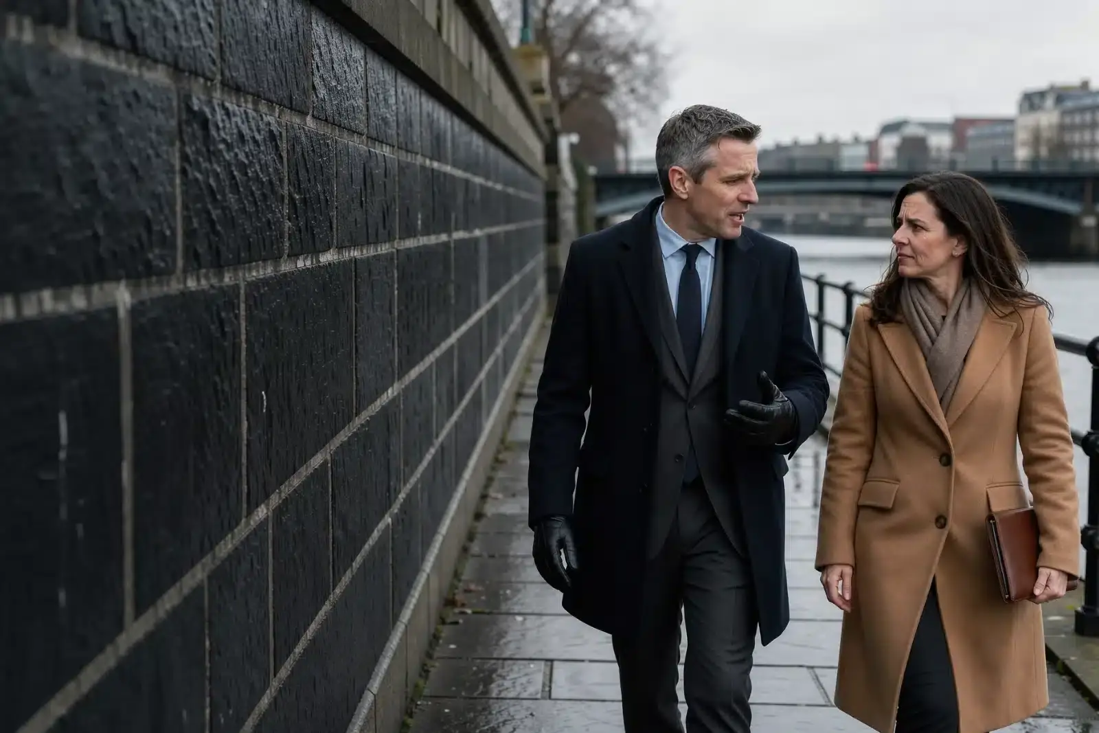 Two accountancy partners in overcoats talking as they walk along a wet riverside path