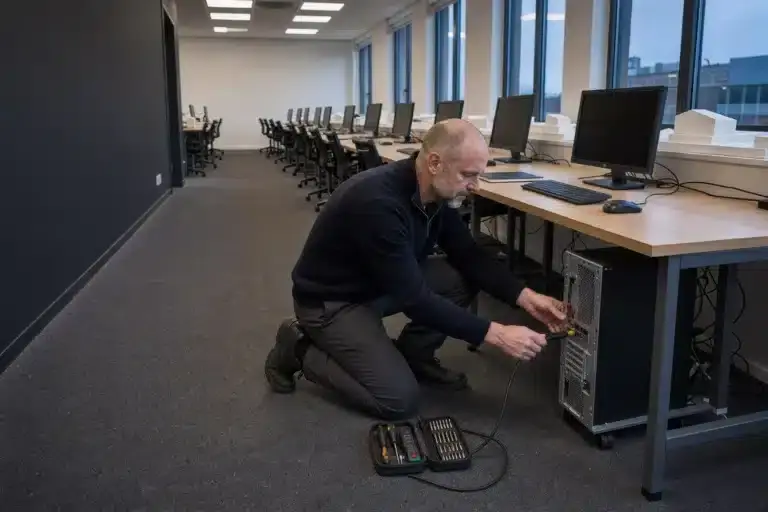 IT engineer connecting a workstation in an empty architecture studio early in the morning