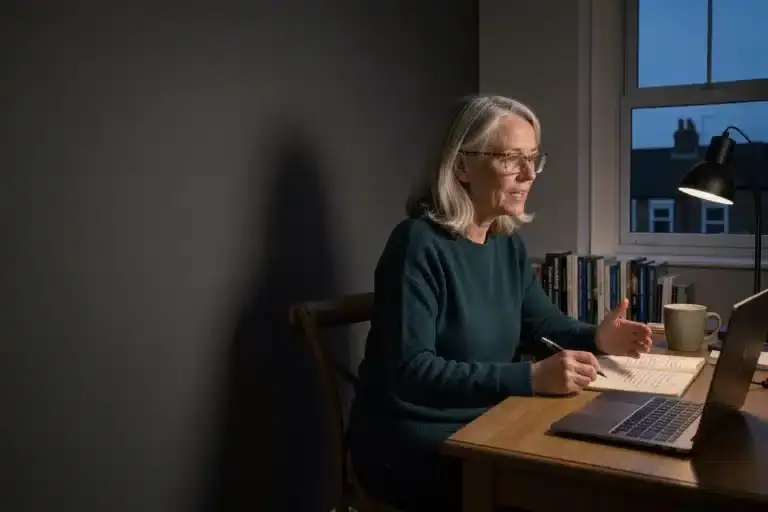Managing partner on a video call from her home office in the evening, pen over a notebook
