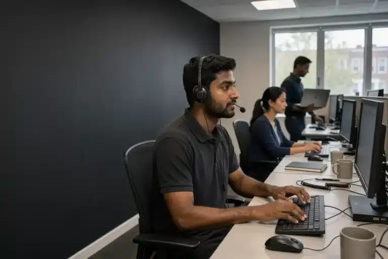Support engineer on a headset answering a call at a service desk